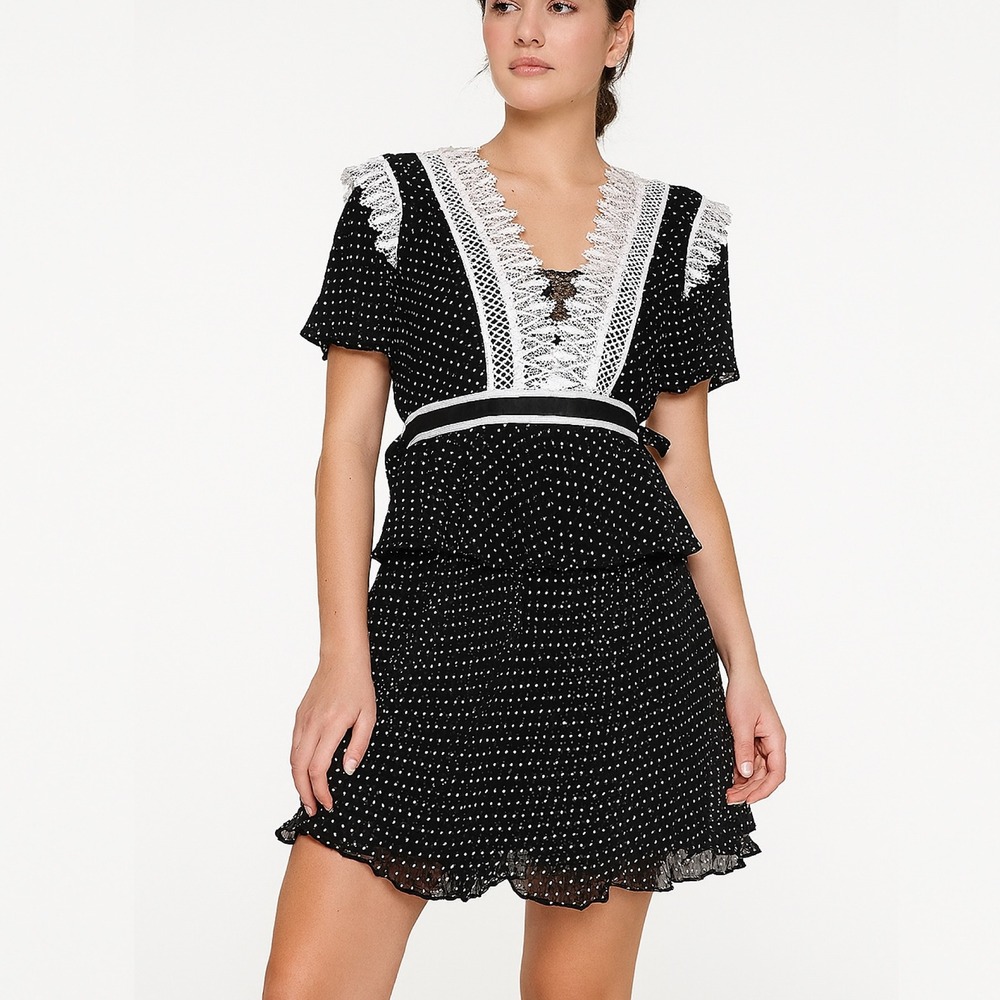 NWT Polka Dot‎ Mini Dress White Lace Trim Fit & Flare Flounce Ruffle